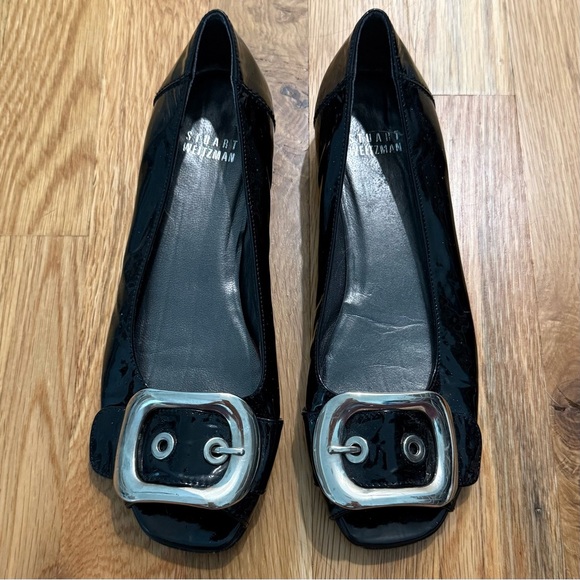 Stuart Weitzman Shoes - Stuart Weitzman Black Patent Leather Silver Buckle Peep Toe Flats Sz 6
